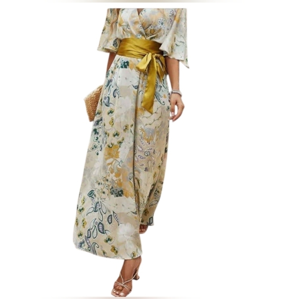 ANANY Faux-Wrap Full-Length Maxi Dress, Peach Green & Gold Size Small EUC